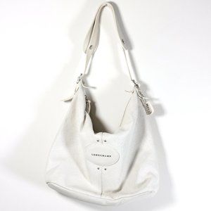 Authentic LONGCHAMP White Quadri Pebbled Leather Hobo Shoulder Bag